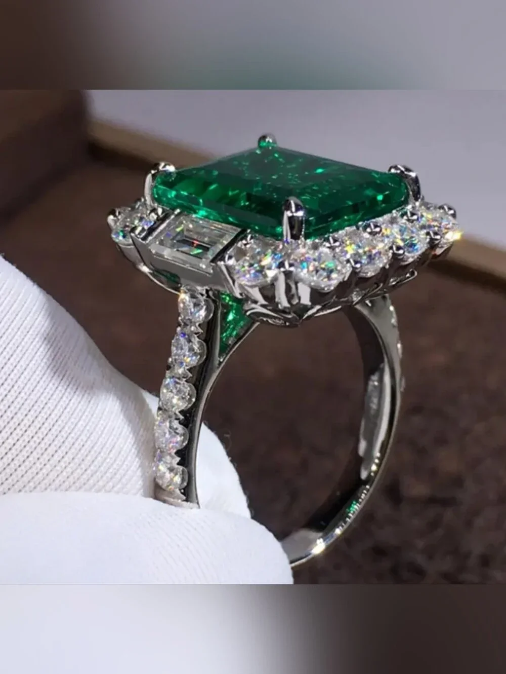 White Rhodium Emerald Halo Ring